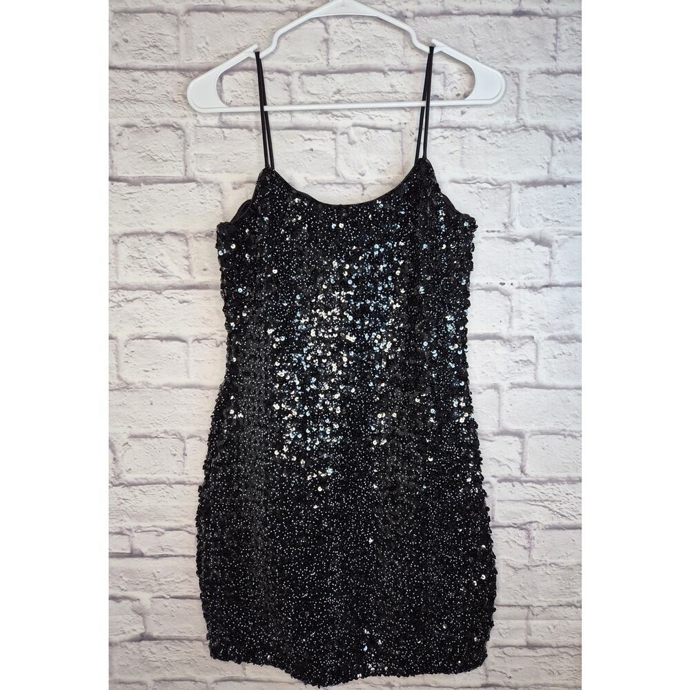 Vtg Hollywood Nites Sequin Dress Sz 8 Fit 4 6 Black Cami Mini Party Prom 90s USA